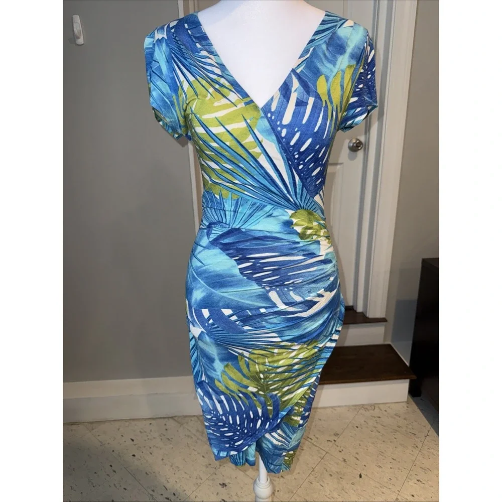 Cache Dress Womens Small V Neck Wrap Stretch Blue Faux Wrap Vintage Tropical - Picture 2 of 7